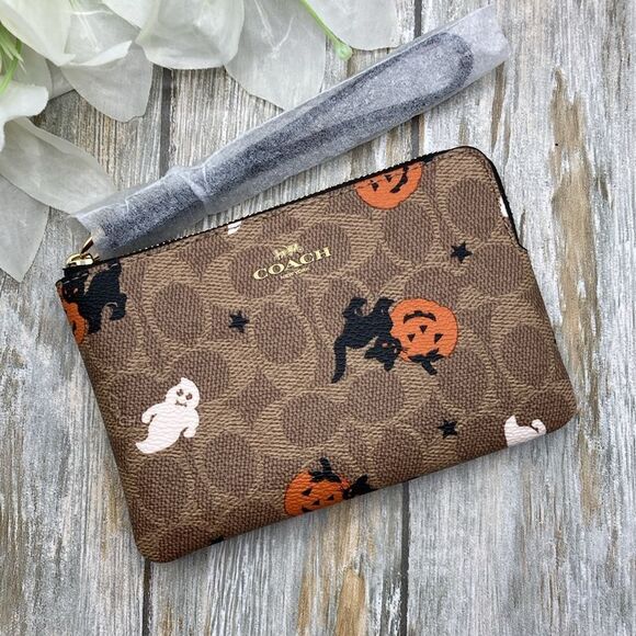Corner Zip Wristlet In Signature Canvas With Halloween Graphic Wallet Bag Purse - Picture 1 of 10